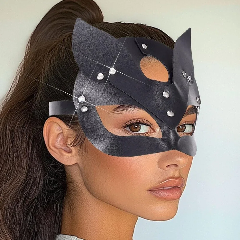 Leather Cat Mask Black Halloween Masquerade Cosplay Accessory for Women